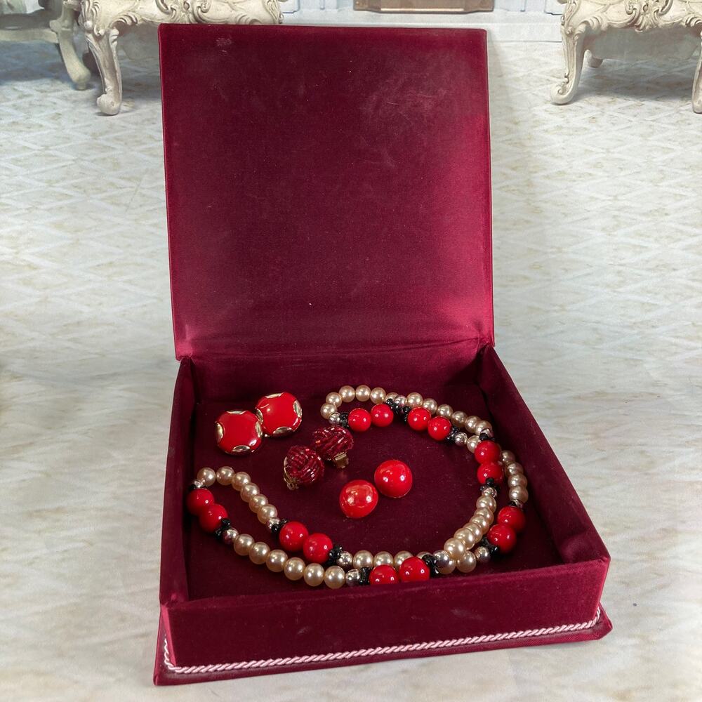 Vintage Red Velvet Pressed Flower Keepsake Jewelry Box w/Red Costume Jewelry Lot